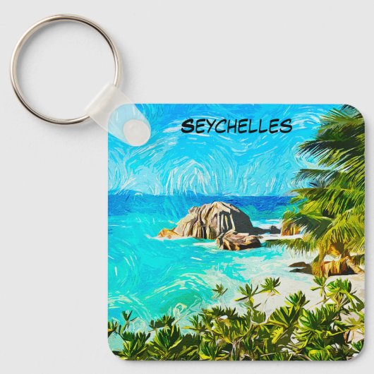Seychellen Tropische Olie Schildering – Levendig E Sleutelhanger (Voorkant)