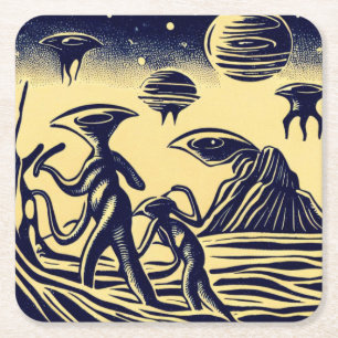 SF - Aliens op een vreemde planeet houtsnede 1 Kartonnen Onderzetters