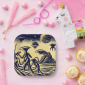 SF - Aliens op een vreemde planeet houtsnede 1 Papieren Bordje (Feest)