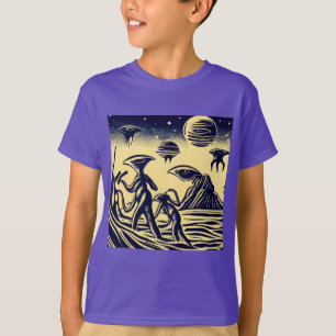 SF - Aliens op een vreemde planeet houtsnede 1 T-shirt
