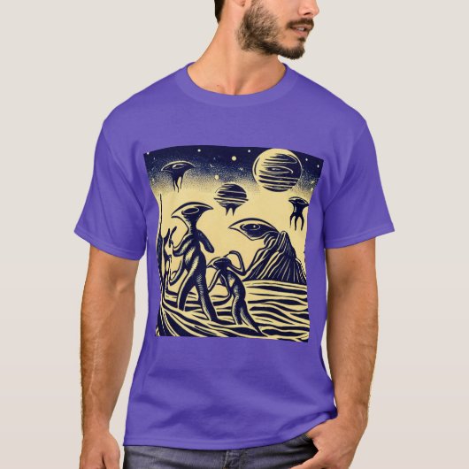 SF - Aliens op een vreemde planeet houtsnede 1 T-shirt (Voorkant)