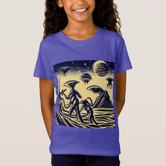 SF - Aliens op een vreemde planeet houtsnede 1 T-shirt (Voorkant)