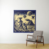 SF - Aliens op een vreemde planeet houtsnede 1 Wandkleed (In situ)