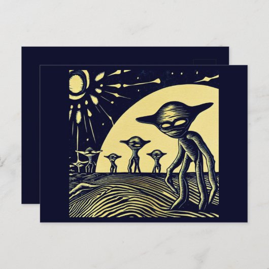 SF - Aliens op een vreemde planeet houtsnede 2 Briefkaart (Voorkant / Achterkant)