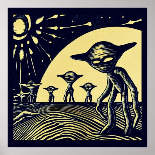 SF - Aliens op een vreemde planeet houtsnede 2 Poster (Voorkant)