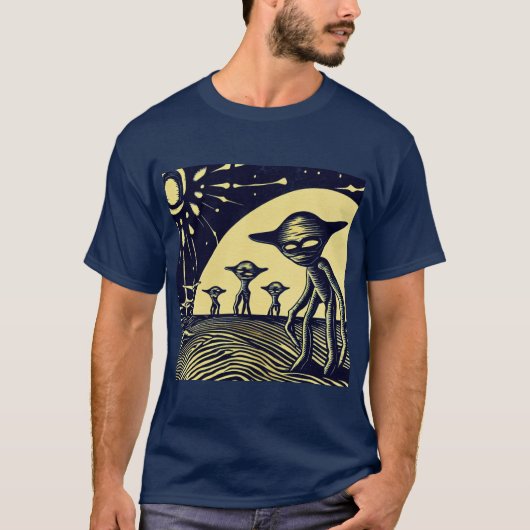 SF - Aliens op een vreemde planeet houtsnede 2 T-shirt (Voorkant)