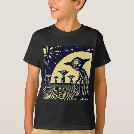 SF - Aliens op een vreemde planeet houtsnede 2 T-shirt (Voorkant)