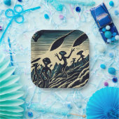 SF - Aliens op een vreemde planeet houtsnede 3 Papieren Bordje (Feest)