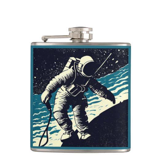 SF - Astronaut op Spacewalk Woodcut 2 Heupfles (Voorkant)