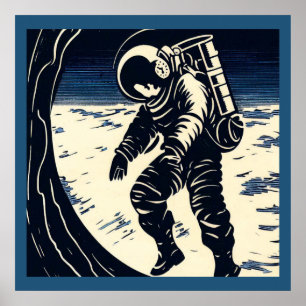 SF - Astronaut op Spacewalk Woodcut 3 Poster
