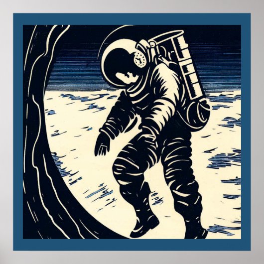SF - Astronaut op Spacewalk Woodcut 3 Poster (Voorkant)