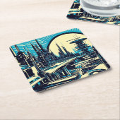 SF Futuristische City Woodcut 3 Kartonnen Onderzetters (Schuin)