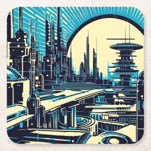 SF Futuristische City Woodcut 3 Kartonnen Onderzetters (Voorkant)