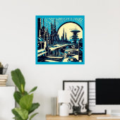 SF Futuristische City Woodcut 3 Poster (Thuiskantoor)