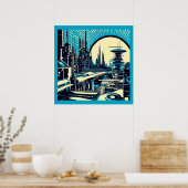 SF Futuristische City Woodcut 3 Poster (Keuken)