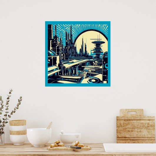 SF Futuristische City Woodcut 3 Poster (Keuken)