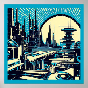 SF Futuristische City Woodcut 3 Poster