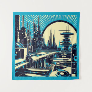 SF Futuristische City Woodcut 3 Wandkleed