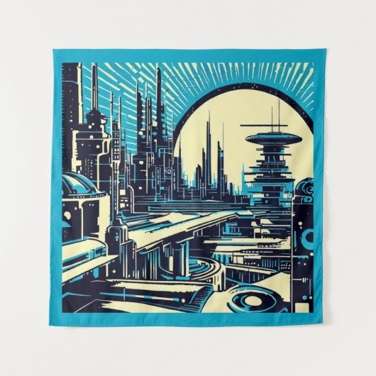 SF Futuristische City Woodcut 3 Wandkleed (Voorkant)