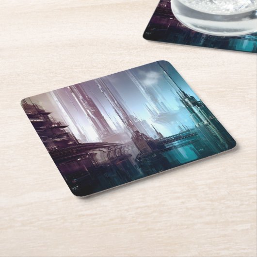 SF Futuristische Stad 2 Kartonnen Onderzetters (Schuin)
