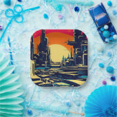 SF Futuristische Stad Woodcut 1 Papieren Bordje (Feest)