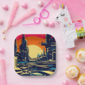 SF Futuristische Stad Woodcut 1 Papieren Bordje (Feest)