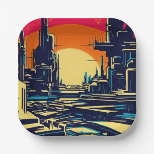 SF Futuristische Stad Woodcut 1 Papieren Bordje