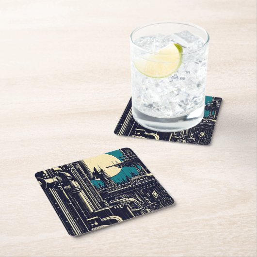 SF Futuristische Stad Woodcut 2 Kartonnen Onderzetters (Insitu)