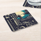 SF Futuristische Stad Woodcut 2 Kartonnen Onderzetters (Schuin)