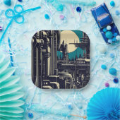 SF Futuristische Stad Woodcut 2 Papieren Bordje (Feest)