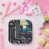 SF Futuristische Stad Woodcut 2 Papieren Bordje (Feest)