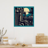 SF Futuristische Stad Woodcut 2 Poster (Keuken)