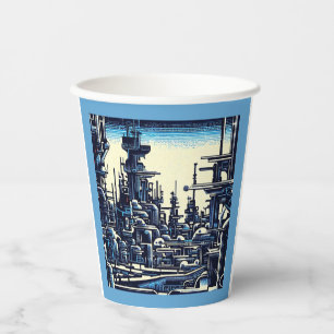 SF Futuristische Stad Woodcut 4 Papieren Bekers