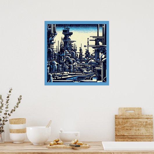 SF Futuristische Stad Woodcut 4 Poster (Keuken)