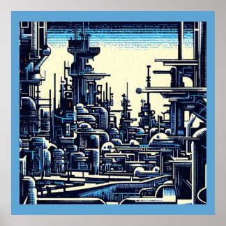 SF Futuristische Stad Woodcut 4 Poster