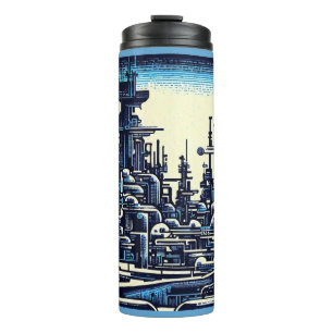 SF Futuristische Stad Woodcut 4 Thermosbeker