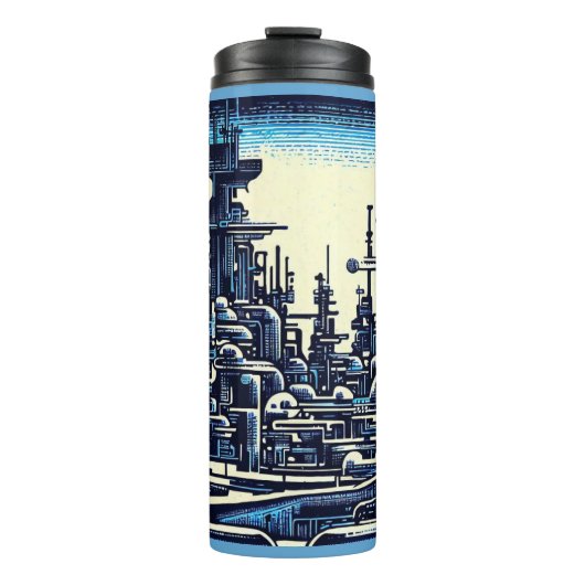 SF Futuristische Stad Woodcut 4 Thermosbeker (Voorkant)