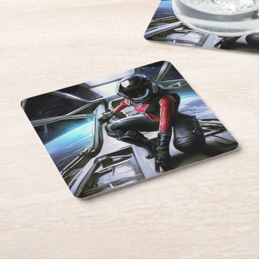 SF Hero aan boord van ruimteschip 2 Kartonnen Onderzetters (Schuin)