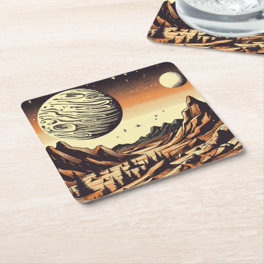 SF Mars Landschap Houtsnede 1 Kartonnen Onderzetters (Schuin)