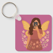 Sfeer sticker van elfje dat selfie maakt sleutelhanger (Voorkant)