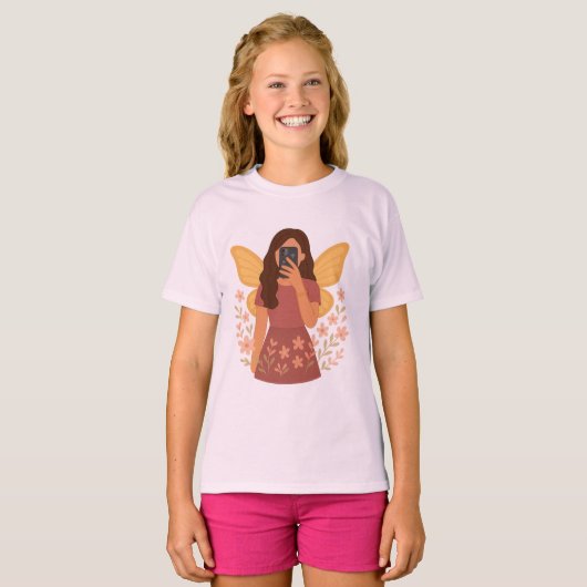 Sfeer sticker van elfje dat selfie maakt t-shirt (Voorkant volledig)