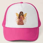 Sfeer sticker van elfje dat selfie maakt trucker pet (Voorkant)