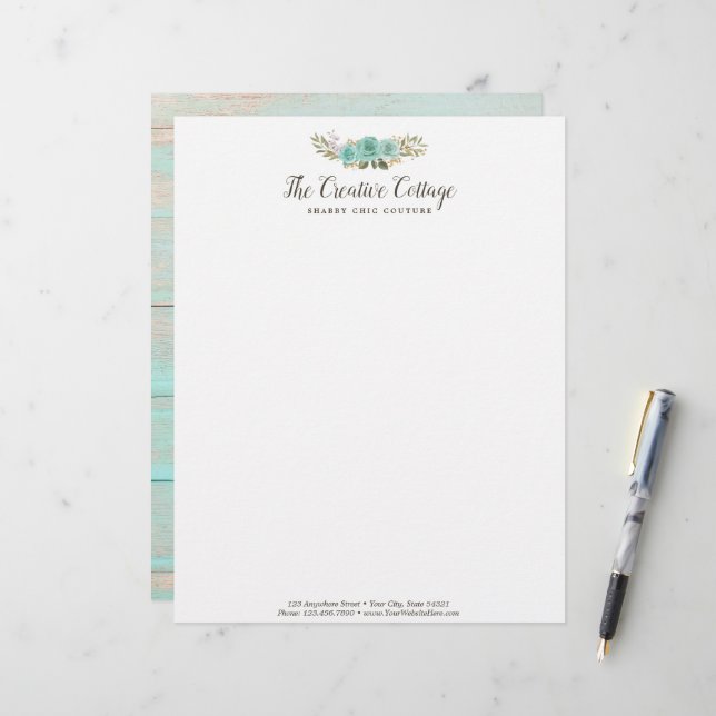 Sfeervol Cottage Chic Turquoise Bloemen Rusticaal  Briefhoofd (Voorkant / Achterkant in situ)