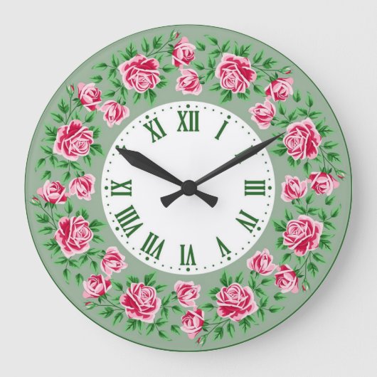 Sfeervol Franse vintage groene rode rozen Grote Klok (Voorkant)