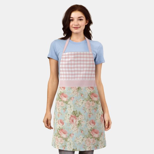 Sfeervol Roze Rozen Bloemmotief Gingham Schort (Gedragen)