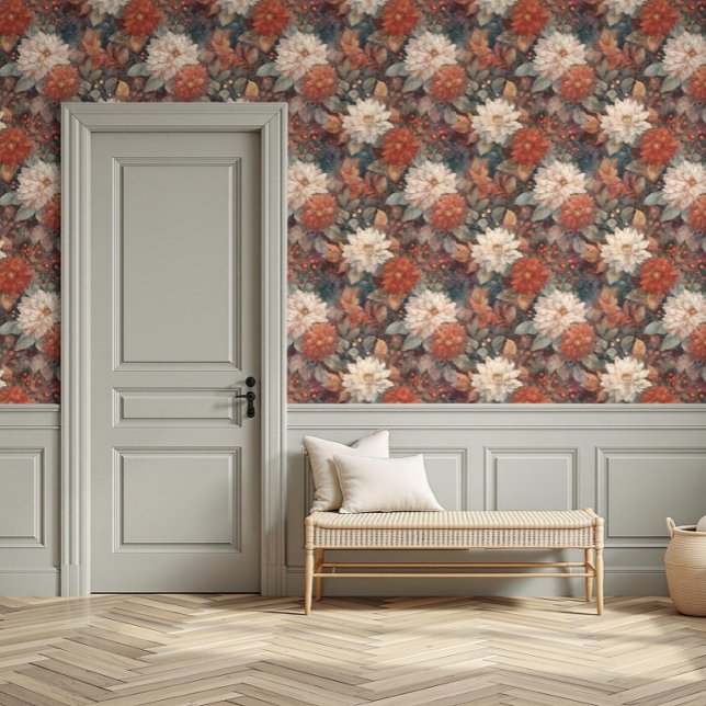 Sfeervol Vintage Roest & Crème Dahlia Bloemendesig Behang (Creator heeft geüpload)