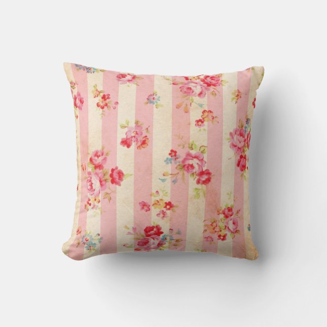 Sfeervol Vintage Roze Strepen en Rozen Kussen (Voorkant)