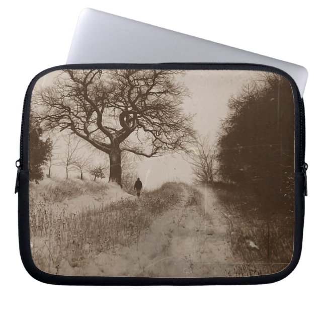 Sfeervol Winter Sneeuw Scène Foto Monochroom Laptop Sleeve (Voorkant)