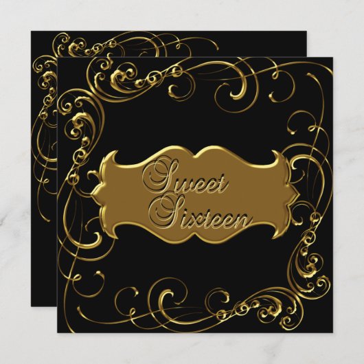 Sfeervol Zestien 16 Verjaardag Elegant Zwart Goud Kaart (Voorkant / Achterkant)