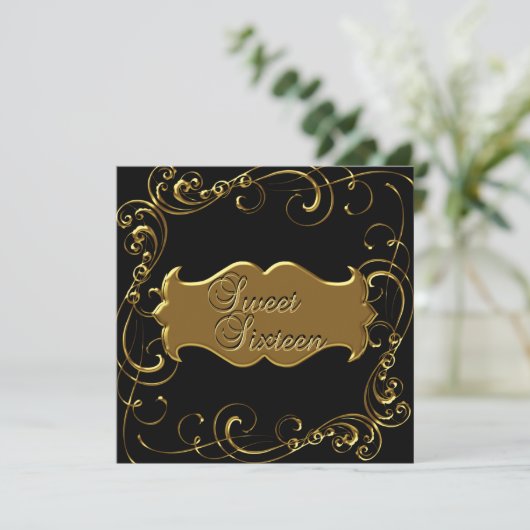 Sfeervol Zestien 16 Verjaardag Elegant Zwart Goud Kaart (Staand voorkant)